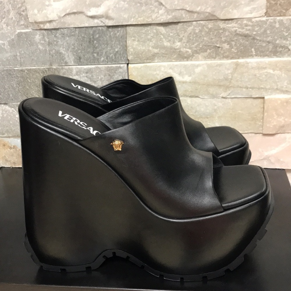 Authentic Versace Leather Platform Wedge Mules 💎 - Picture 14 of 17